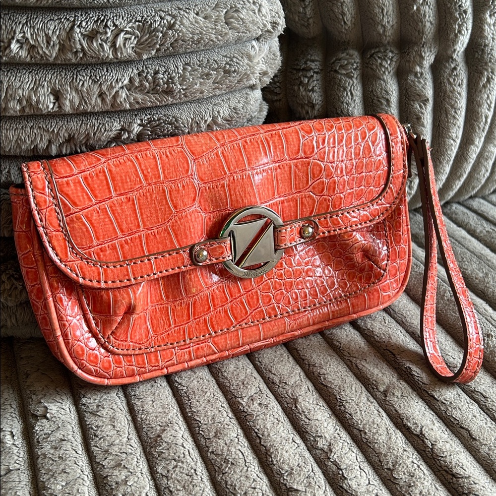 Nine West Orange Croc-Embossed Faux Leather Wristlet with Silver Accents